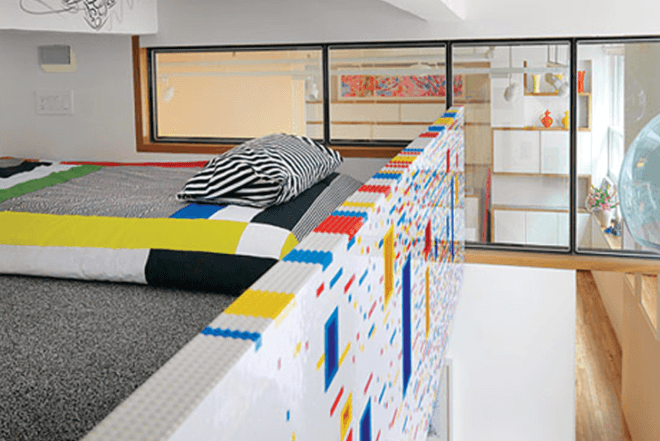 I-Beam, Sean Kenney, Marks Residence, NYC apartment, pixelated apartment, LEGO stair railing, LEGO wall