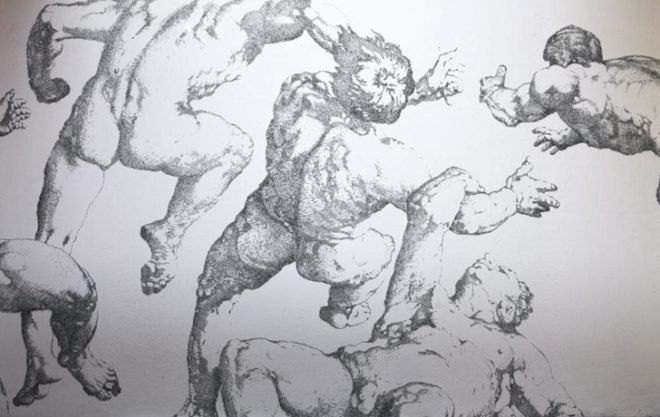 Baptiste Debombourg, Aggravure III, France, Paris, recycled materials, staple, staple art, Air Force One, green design, sustainable design, adaptive reuse, eco-design, art, eco-art, Aggravure III, 16th century engravings, renaissance