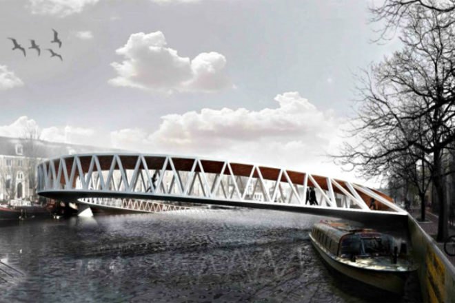 Amsterdam Iconic Pedestrian Bridge Winner, pedestrian bridge, competition winner, underwater bridge, circular bridge, pedestrian friendly design