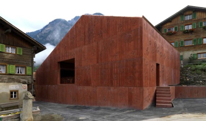 green design, eco design, sustainable design, Scharans, Switzerland, Atelierhouse Bardill, adaptive reuse, Valerio Olgiati, music studio, open air studio, circular cut out