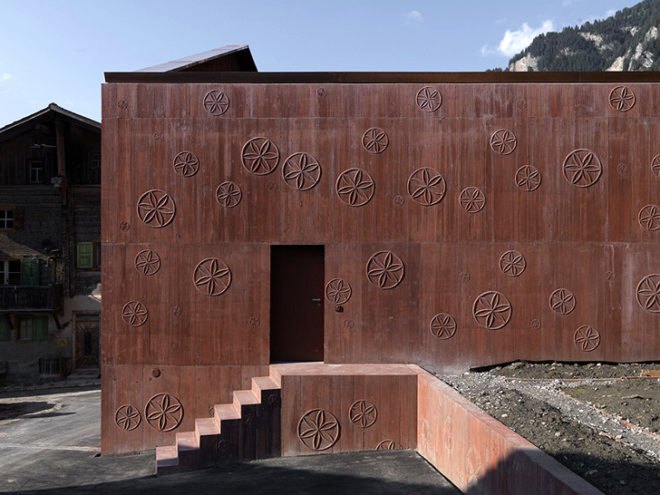 green design, eco design, sustainable design, Scharans, Switzerland, Atelierhouse Bardill, adaptive reuse, Valerio Olgiati, music studio, open air studio, circular cut out