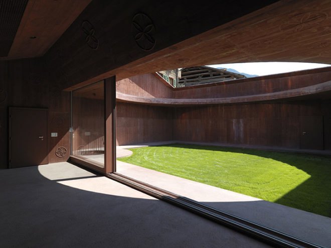 green design, eco design, sustainable design, Scharans, Switzerland, Atelierhouse Bardill, adaptive reuse, Valerio Olgiati, music studio, open air studio, circular cut out