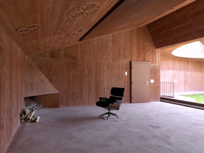 green design, eco design, sustainable design, Scharans, Switzerland, Atelierhouse Bardill, adaptive reuse, Valerio Olgiati, music studio, open air studio, circular cut out