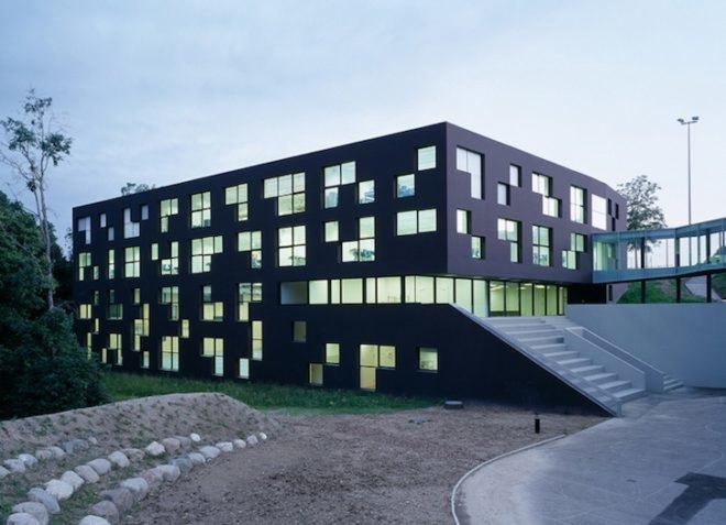 ESGE Secondary School in Switzerland, IPAS, education, green design, eco-design, sustainable design, inspired by nature, Tetris, pixelated, daylighting, humidity, forest, natural ventilation
