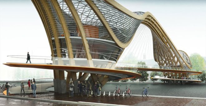 footbridge, amsterdam footbridge, bridge design, Laurent Sain Val, footbridge design, green design, pedestrian friend bridge, bike friendly bridge