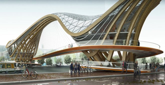 footbridge, amsterdam footbridge, bridge design, Laurent Sain Val, footbridge design, green design, pedestrian friend bridge, bike friendly bridge