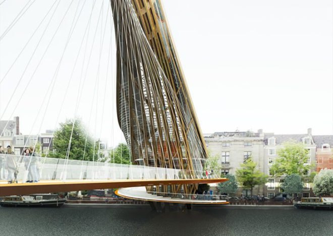 footbridge, amsterdam footbridge, bridge design, Laurent Sain Val, footbridge design, green design, pedestrian friend bridge, bike friendly bridge
