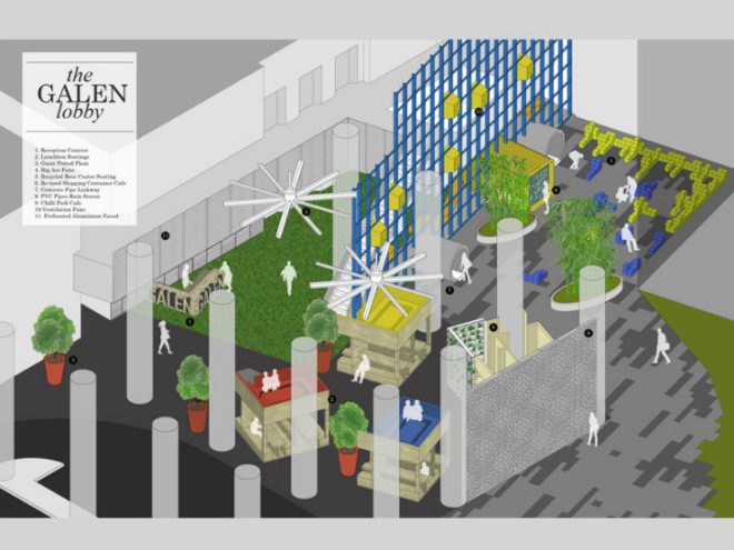 Galen Lobby, formwerkz, ascendas, natural ventilation, green interiors, shipping container cafe, upcycled furniture, recycled materials