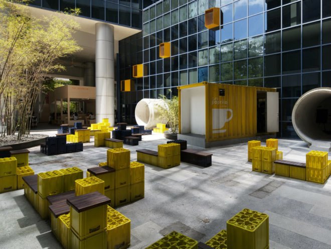 Galen Lobby, formwerkz, ascendas, natural ventilation, green interiors, shipping container cafe, upcycled furniture, recycled materials