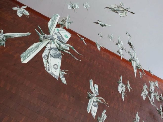 green design, eco design, sustainable design, moneygami, money origami, Japanese American National Museum, Los Angeles, Folding Paper: The Infinite Possibilities of Origami, Sipho Mabona, folded dollar bills, money art