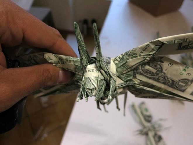 green design, eco design, sustainable design, moneygami, money origami, Japanese American National Museum, Los Angeles, Folding Paper: The Infinite Possibilities of Origami, Sipho Mabona, folded dollar bills, money art