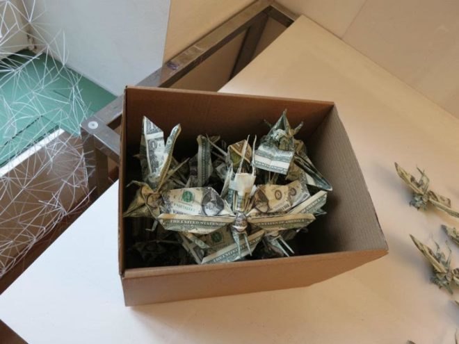 green design, eco design, sustainable design, moneygami, money origami, Japanese American National Museum, Los Angeles, Folding Paper: The Infinite Possibilities of Origami, Sipho Mabona, folded dollar bills, money art