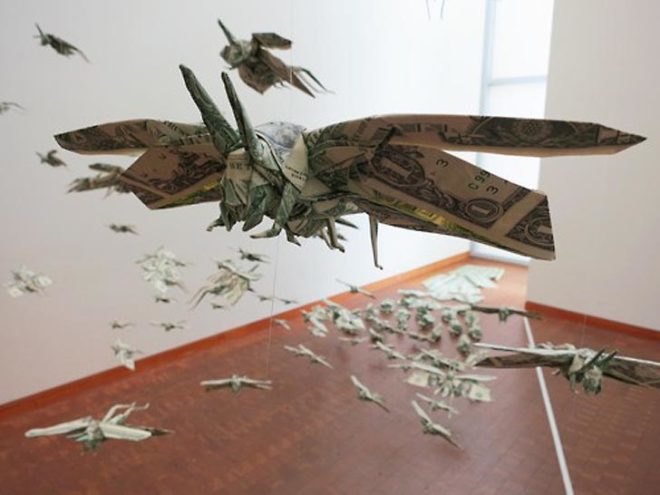 green design, eco design, sustainable design, moneygami, money origami, Japanese American National Museum, Los Angeles, Folding Paper: The Infinite Possibilities of Origami, Sipho Mabona, folded dollar bills, money art
