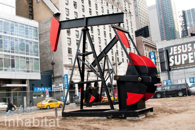 Manhattan Oil Project; Inhabitat; Amanda Coen; public art; eco art; political art; oil drilling; Fracking; New York City; urban art; outdoor installation; installation art; midtown Manhattan; InhabitatNYC; NYC; civic art; political protest; environmental art; industrial art; simple machines; public space