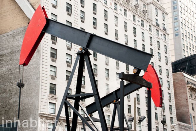 Manhattan Oil Project; Inhabitat; Amanda Coen; public art; eco art; political art; oil drilling; Fracking; New York City; urban art; outdoor installation; installation art; midtown Manhattan; InhabitatNYC; NYC; civic art; political protest; environmental art; industrial art; simple machines; public space
