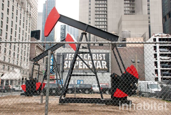 Manhattan Oil Project; Inhabitat; Amanda Coen; public art; eco art; political art; oil drilling; Fracking; New York City; urban art; outdoor installation; installation art; midtown Manhattan; InhabitatNYC; NYC; civic art; political protest; environmental art; industrial art; simple machines; public space