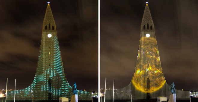 Hallgrimskirkja, hallgrimskirkja projection art, metacitizen, Marcos Zotes, Reykjavik Winter Lights Festival 2012, Rafmögnuð Náttúra, Reykjavik, Iceland art, Hallgrímskirkja church, video art, video installation iceland, light show iceland