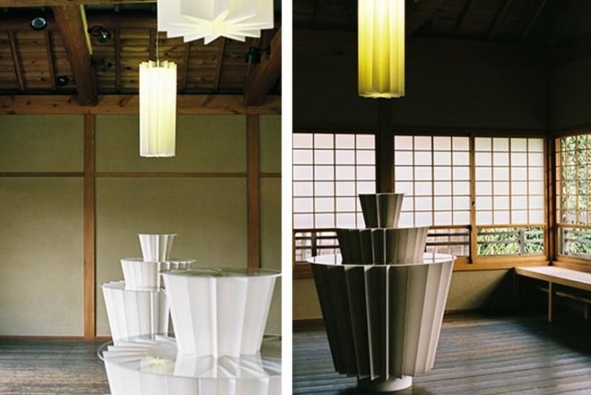 green furniture, green Interiors, Recycling / Compost, green design, paper accordion, paper table, paper lamp, Japanese design, green furniture, Japanese fan, miso, Hiromitsu Konishi, Kyoto