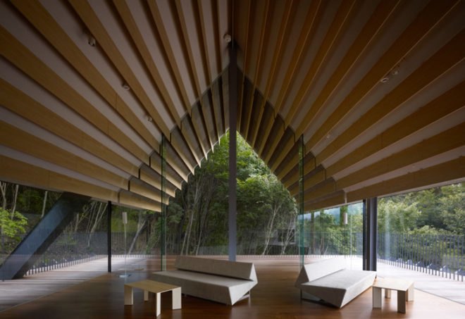 Kengo Kuma & Associates, Ando Momofuku Centre, rainwater reuse, Japan green building, eco center, outdoor center, A frame, natural cooling, Koromo,