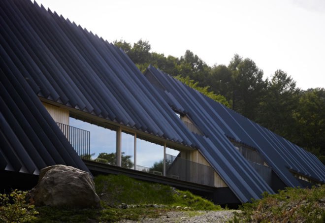 Kengo Kuma & Associates, Ando Momofuku Centre, rainwater reuse, Japan green building, eco center, outdoor center, A frame, natural cooling, Koromo,