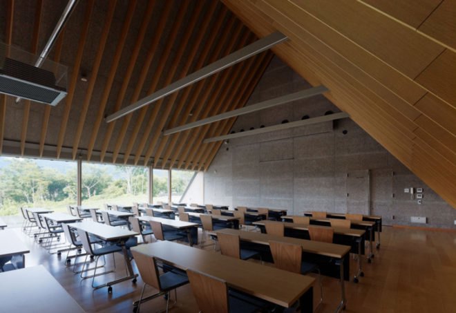 Kengo Kuma & Associates, Ando Momofuku Centre, rainwater reuse, Japan green building, eco center, outdoor center, A frame, natural cooling, Koromo,