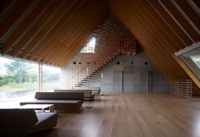 Kengo Kuma & Associates, Ando Momofuku Centre, rainwater reuse, Japan green building, eco center, outdoor center, A frame, natural cooling, Koromo,