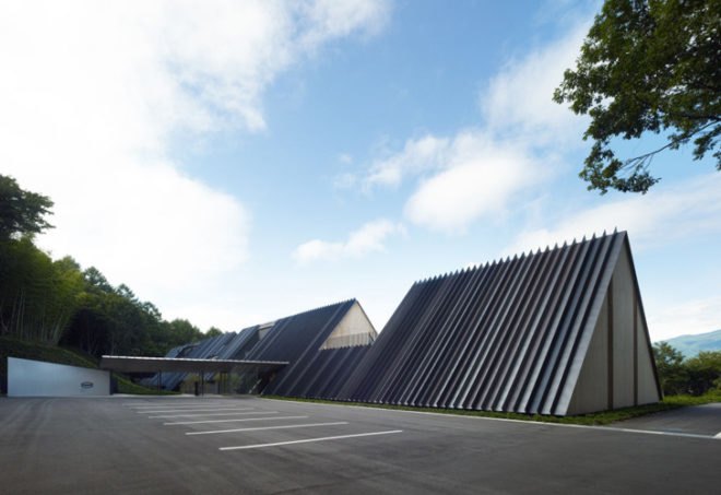 Kengo Kuma & Associates, Ando Momofuku Centre, rainwater reuse, Japan green building, eco center, outdoor center, A frame, natural cooling, Koromo,