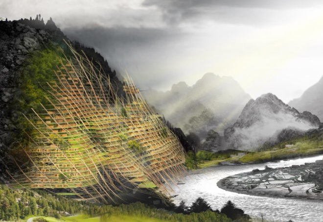 vertical village,rain water catchment,evolo 2012, green skyscraper, mountainside, eVolo 2012 skyscraper competition, land reclimation