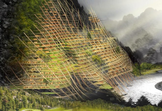 vertical village,rain water catchment,evolo 2012, green skyscraper, mountainside, eVolo 2012 skyscraper competition, land reclimation