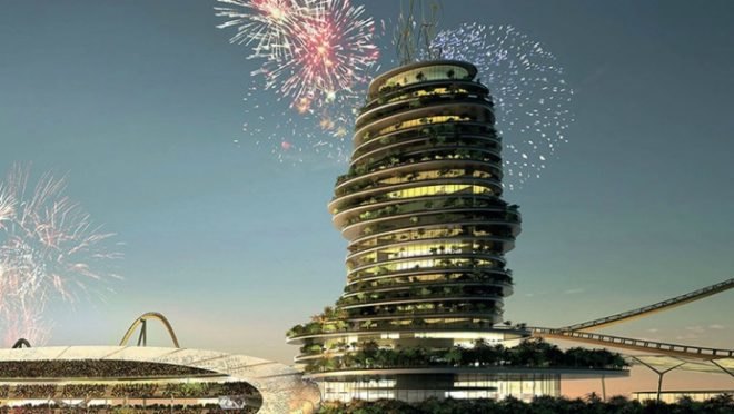 Fireworks Display, Hotel Architecture, High Rise Architecture, Real Madrid, Spanish Soccer, Spanish Football, United Arab Emirates, Artificial Islands, Holiday Resort, Resort Development, UAE Architecture, Real Madrid Resort, Florentino Perez
