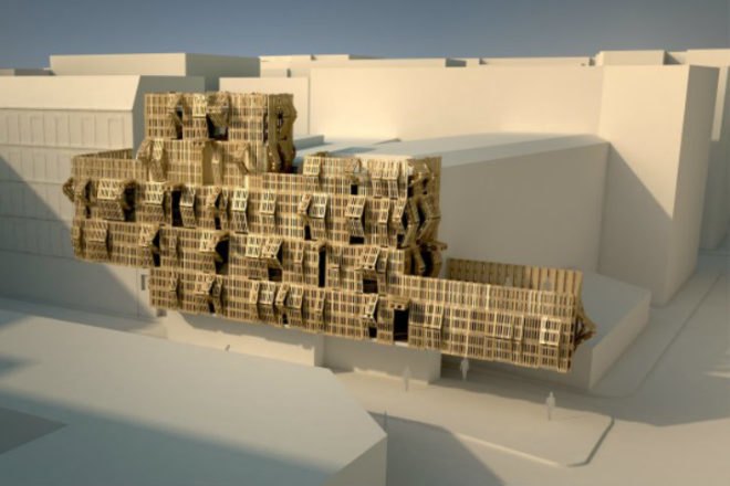 Shipping Pallet Facade, Stephane Malka, shipping pallets, reskinning, paris, student housing, parasitic architecture