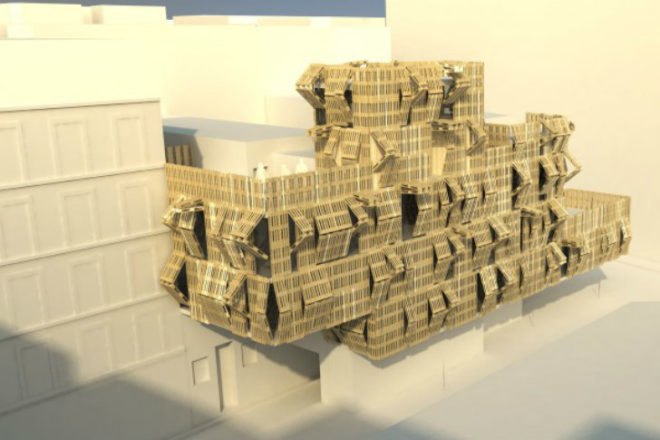 Shipping Pallet Facade, Stephane Malka, shipping pallets, reskinning, paris, student housing, parasitic architecture