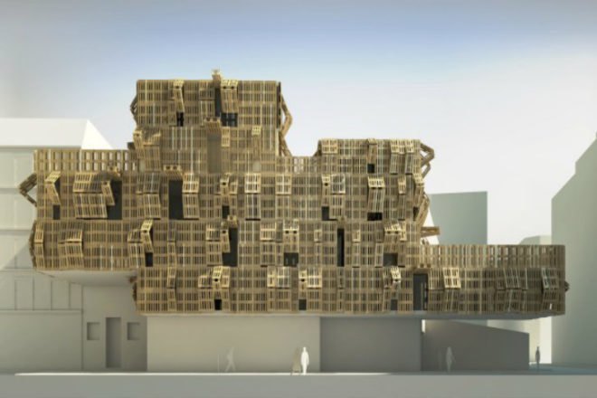 Shipping Pallet Facade, Stephane Malka, shipping pallets, reskinning, paris, student housing, parasitic architecture