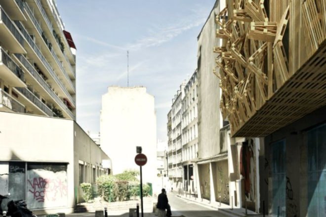 Shipping Pallet Facade, Stephane Malka, shipping pallets, reskinning, paris, student housing, parasitic architecture