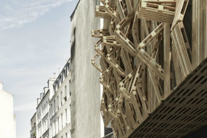 Shipping Pallet Facade, Stephane Malka, shipping pallets, reskinning, paris, student housing, parasitic architecture