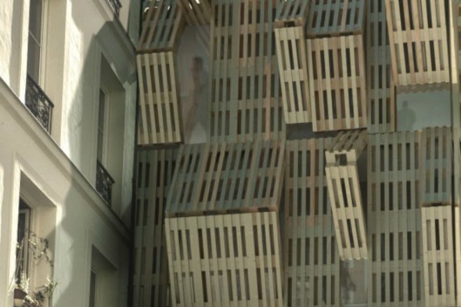 Shipping Pallet Facade, Stephane Malka, shipping pallets, reskinning, paris, student housing, parasitic architecture