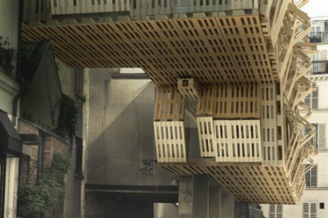 Shipping Pallet Facade, Stephane Malka, shipping pallets, reskinning, paris, student housing, parasitic architecture