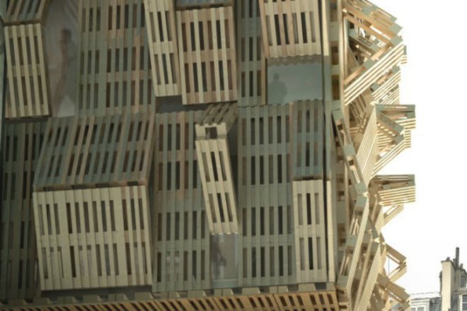 Shipping Pallet Facade, Stephane Malka, shipping pallets, reskinning, paris, student housing, parasitic architecture