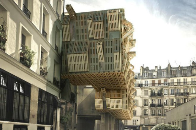 Shipping Pallet Facade, Stephane Malka, shipping pallets, reskinning, paris, student housing, parasitic architecture