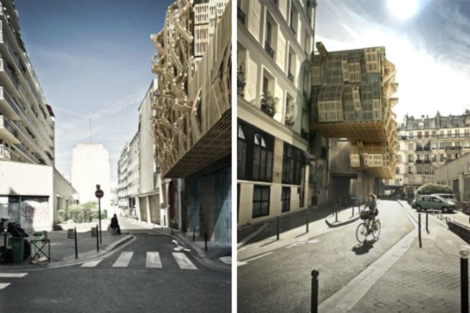Shipping Pallet Facade, Stephane Malka, shipping pallets, reskinning, paris, student housing, parasitic architecture