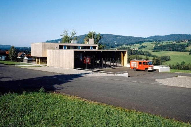 Dietrich Untertrifaller, Salzburg-Thal, fire station, village, Austria, silver-fur, daylighting, passive design, green design, sustainable design, eco design, architecture, vernacular