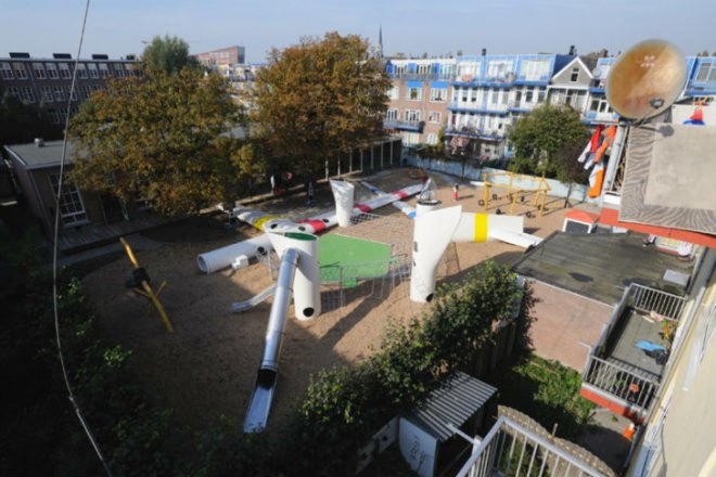 Wikado Playground, 2012architecten, recycled materials, wind turbine parts, discarded rotor blades, wind turbine playground, rotterdam