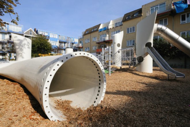 Wikado Playground, 2012architecten, recycled materials, wind turbine parts, discarded rotor blades, wind turbine playground, rotterdam