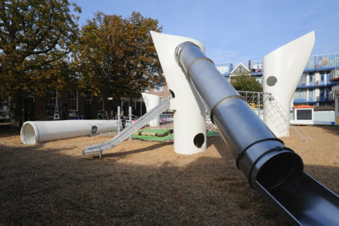 Wikado Playground, 2012architecten, recycled materials, wind turbine parts, discarded rotor blades, wind turbine playground, rotterdam