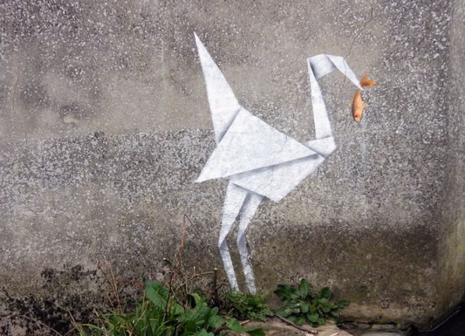Banksy, street art, graffiti, art, origami, crane, goldfish, green design, sustainable design, UK, eco-design, Chinese mythology