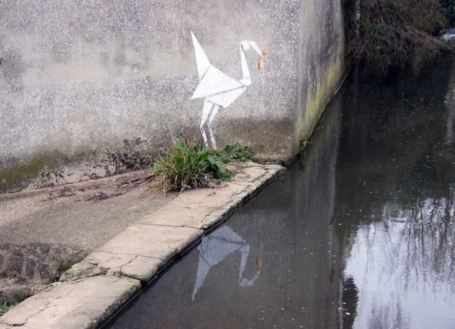 Banksy, street art, graffiti, art, origami, crane, goldfish, green design, sustainable design, UK, eco-design, Chinese mythology