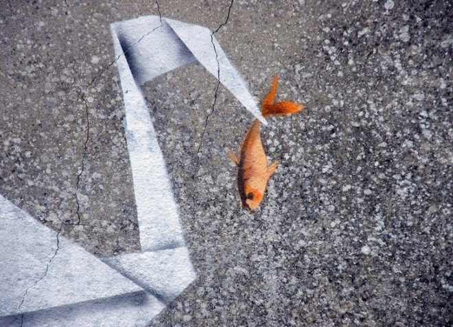 Banksy, street art, graffiti, art, origami, crane, goldfish, green design, sustainable design, UK, eco-design, Chinese mythology