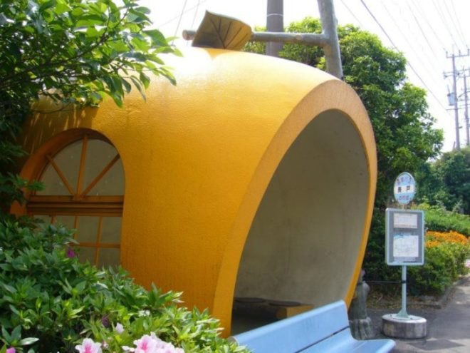 japanese design, fruit bus stops, isahaya city, quirky design, giant fruit bus stops, fairytale design, landscape architecture, fruit-inspired design