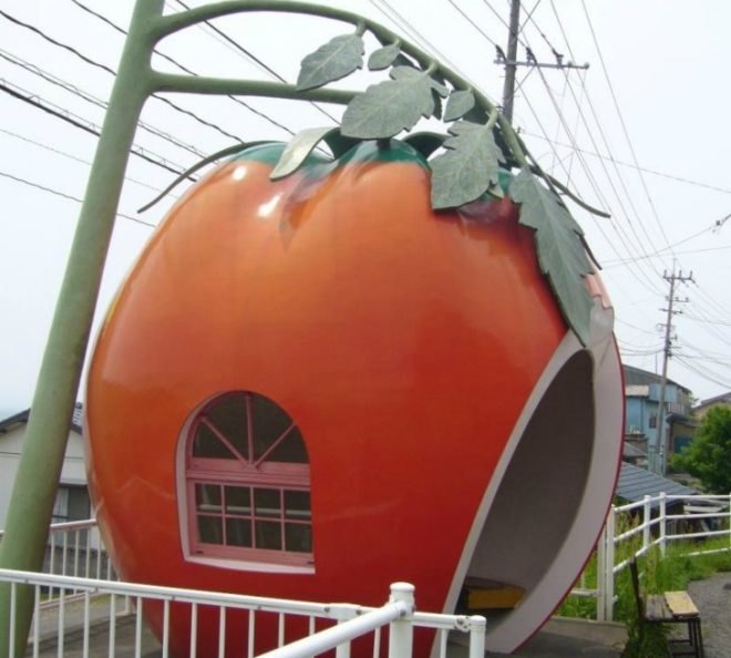 japanese design, fruit bus stops, isahaya city, quirky design, giant fruit bus stops, fairytale design, landscape architecture, fruit-inspired design
