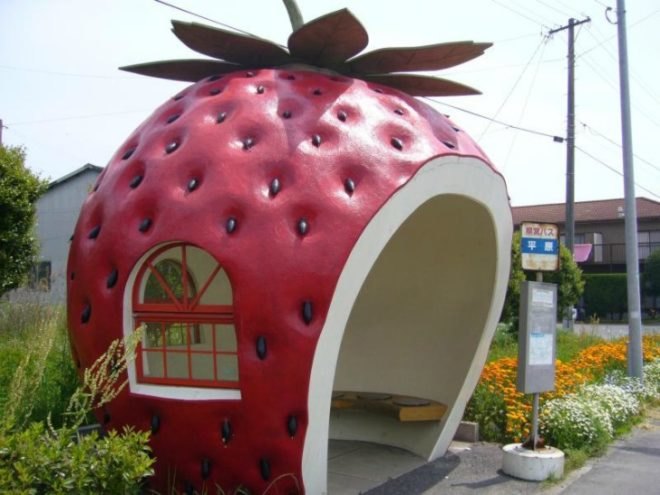 japanese design, fruit bus stops, isahaya city, quirky design, giant fruit bus stops, fairytale design, landscape architecture, fruit-inspired design